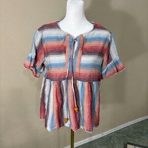 Warm by Tracy Feith Top Size 1 US S Striped T-Shirt 100% Cotton Boho Western EUC